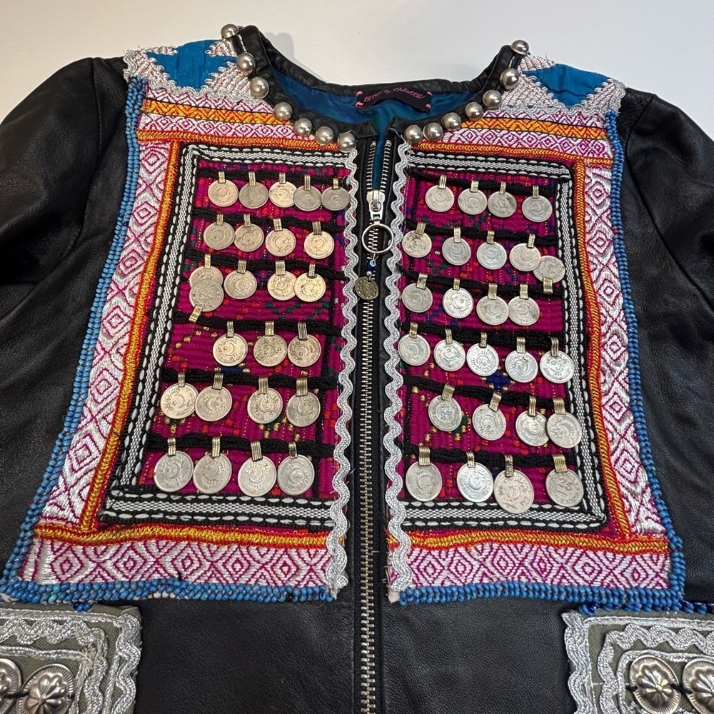 teté by Odette Embellished Leather Jacket Vintage Hmong Tribal OOAK Boho - Picture 4 of 16